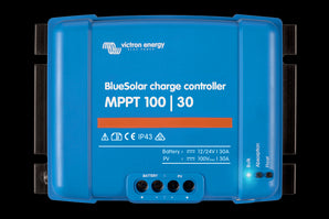 Victron BlueSolar MPPT 100/30 Charge Controller, a silver and blue electronic device for efficient solar battery charging.