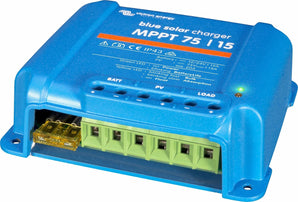 Victron BlueSolar MPPT 75/10 Charge Controller, silver and blue, regulates solar panel power to charge batteries efficiently.