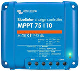 Victron BlueSolar MPPT 75/10 Charge Controller, silver and blue, regulates solar panel power to charge batteries efficiently.