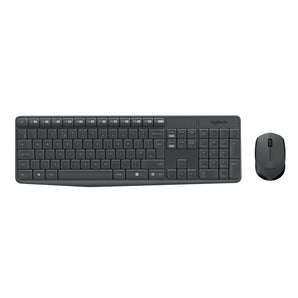 Logitech MK235 wireless keyboard and mouse combo in black. Includes USB receiver, full-size keyboard and optical mouse.