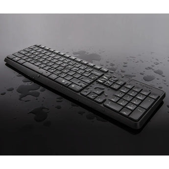 Logitech MK235 wireless keyboard and mouse combo in black. Includes USB receiver, full-size keyboard and optical mouse.