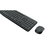 Logitech MK235 wireless keyboard and mouse combo in black. Includes USB receiver, full-size keyboard and optical mouse.