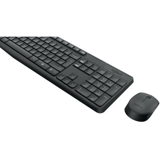 Logitech MK235 wireless keyboard and mouse combo in black. Includes USB receiver, full-size keyboard and optical mouse.