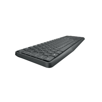 Logitech MK235 wireless keyboard and mouse combo in black. Includes USB receiver, full-size keyboard and optical mouse.