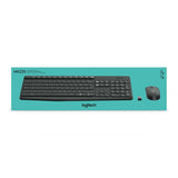 Logitech MK235 wireless keyboard and mouse combo in black. Includes USB receiver, full-size keyboard and optical mouse.