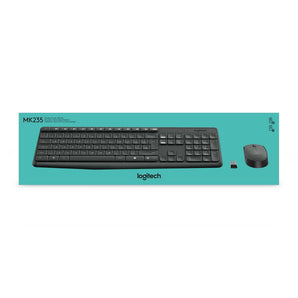 Logitech MK235 wireless keyboard and mouse combo in black. Includes USB receiver, full-size keyboard and optical mouse.