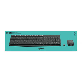 Logitech MK235 wireless keyboard and mouse combo in black. Includes USB receiver, full-size keyboard and optical mouse.