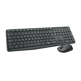 Logitech MK235 wireless keyboard and mouse combo in black. Includes USB receiver, full-size keyboard and optical mouse.