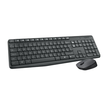Logitech MK235 wireless keyboard and mouse combo in black. Includes USB receiver, full-size keyboard and optical mouse.