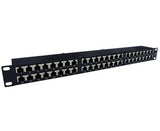 Black Acconet 48 Port RJ45 Patch Panel, 2U. Used for organized network cable management in server racks.