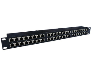 Black Acconet 48 Port RJ45 Patch Panel, 2U. Used for organized network cable management in server racks.