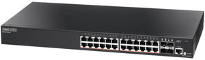 Edge-Core EC-ECS2100-28P switch with 24 Gigabit PoE+ ports and 4 SFP ports for efficient power and data transmission.