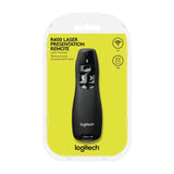 Logitech R400 wireless presenter remote with red laser pointer for seamless slideshow control during meetings.
