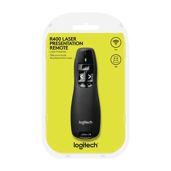 Logitech R400 wireless presenter remote with red laser pointer for seamless slideshow control during meetings.