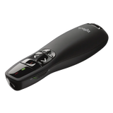 Logitech R400 wireless presenter remote with red laser pointer for seamless slideshow control during meetings.