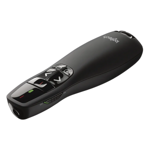 Logitech R400 wireless presenter remote with red laser pointer for seamless slideshow control during meetings.