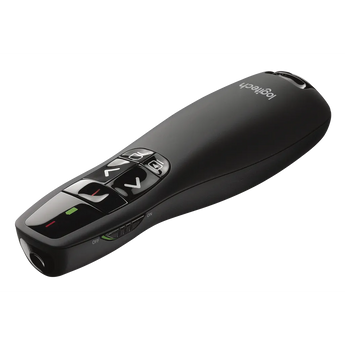 Logitech R400 wireless presenter remote with red laser pointer for seamless slideshow control during meetings.