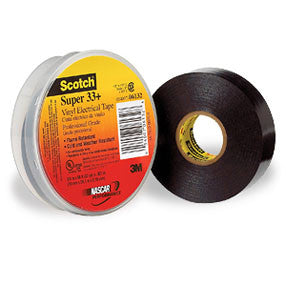 Roll of 3M Scotch Super 33 black vinyl electrical tape, 19mm wide, providing UV resistant insulation and protection for electrical wiring.