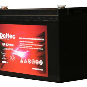 Deltec 12V 100Ah AGM battery, 100Ah capacity, providing deep cycle power for UPS, inverter, or solar applications. 20cm width.
