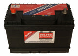 Deltec 12V 105Ah sealed lead acid battery with 8mm stud terminals, designed for high cycle use in power applications.