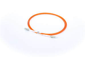 Fibre Patch Lead, LC/UPC to LC/UPC connectors, 2 meter, multimode OM2 simplex cable for optical fibre connections.