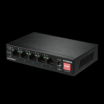 Edimax ED-ES5104PHV2: 5-port Fast Ethernet switch with 4 PoE+ ports. Unmanaged, plug-and-play. Powers devices like IP cameras.