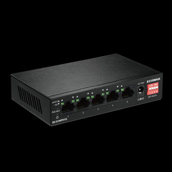 Edimax ED-ES5104PHV2: 5-port Fast Ethernet switch with 4 PoE+ ports. Unmanaged, plug-and-play. Powers devices like IP cameras.