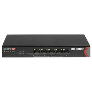 Edimax ED-GS3005P: 5-port Gigabit Smart Lite PoE switch with metal housing for desktop or wall mount. Power devices via Ethernet.