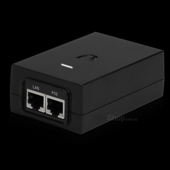 Ubiquiti POE-24-12W: A white 24V 12W PoE adapter used to power Ubiquiti devices via Ethernet cable. 10/100 Mbps.