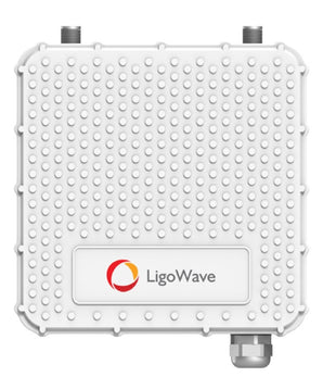 Ligowave PTMP RapidFire subscriber unit with N-type connectors. Metal enclosure, used for 5GHz wireless data transmission.