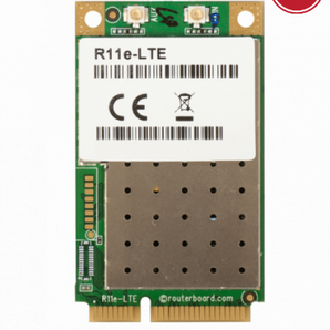 MikroTik R11e-LTE, a compact miniPCI-e card providing 4G LTE connectivity for routers and access points in mobile and remote applications.
