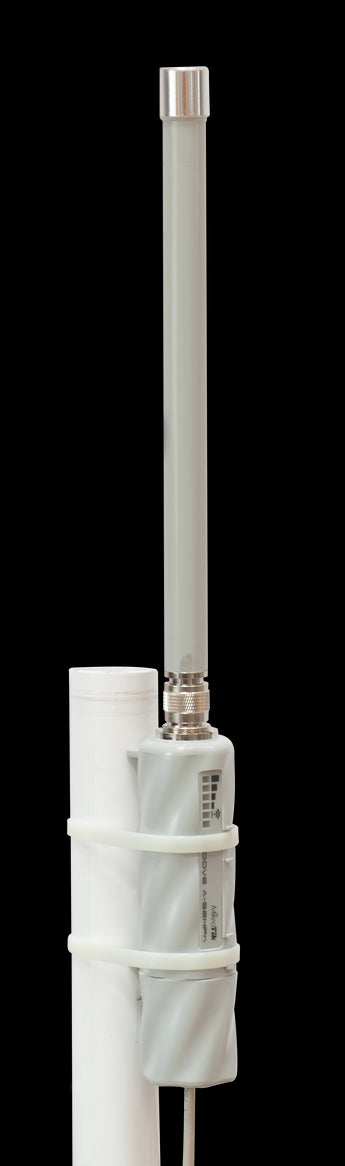 MikroTik GrooveA 52 ac, a small outdoor access point/CPE with N-male connector and 6dBi omnidirectional antenna for 2.4/5GHz wireless.