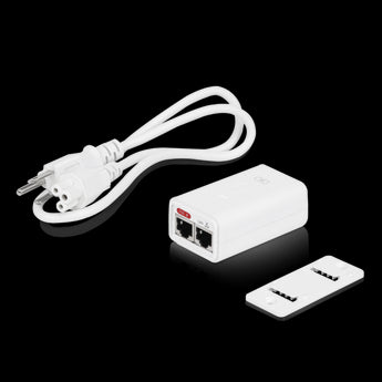 Ubiquiti Gigabit 24V 7W PoE Adapter with Gigabit LAN port and reset button for powering access points and other PoE devices.