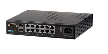 Netonix NTX-WS-12250-AC: 12-Port managed PoE switch with AC power, 2 SFP uplink ports, and a 24V-48V, 250W power supply.