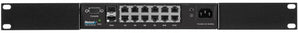 Netonix NTX-WS-12250-AC: 12-Port managed PoE switch with AC power, 2 SFP uplink ports, and a 24V-48V, 250W power supply.