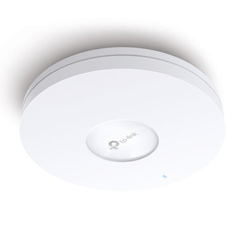 TP-Link EAP620 HD AX1800 ceiling mount access point. White, round design with multiple indicator lights for optimal Wi-Fi 6 performance.