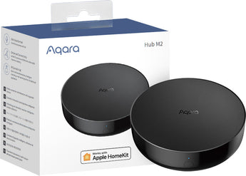 Aqara Hub M2: a smart home hub that connects Aqara sensors and Zigbee devices. It supports Wi-Fi and Ethernet for Apple HomeKit integration.