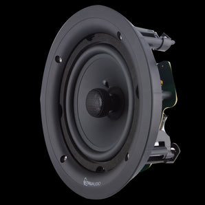 TruAudio PP-6 in-ceiling speaker, 6.5 inch, frameless design. Shows a white circular speaker with a visible woofer and tweeter.
