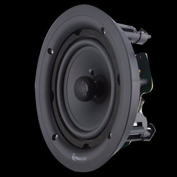 TruAudio PP-6 in-ceiling speaker, 6.5 inch, frameless design. Shows a white circular speaker with a visible woofer and tweeter.
