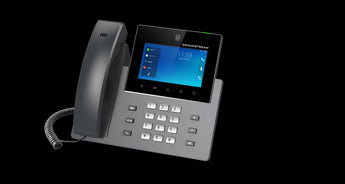 Grandstream GXV3350: 16-line enterprise video phone with touchscreen, Gigabit ports, Wi-Fi, Bluetooth, and Android interface.