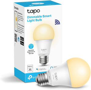 TP-Link Tapo L510E dimmable smart WiFi light bulb emitting a warm, adjustable light. Allows scheduling and remote control.