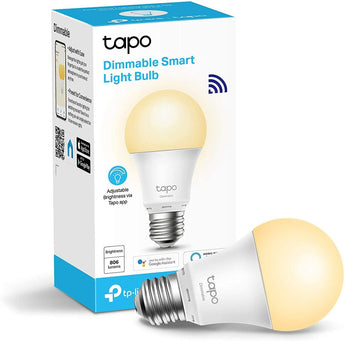 TP-Link Tapo L510E dimmable smart WiFi light bulb emitting a warm, adjustable light. Allows scheduling and remote control.