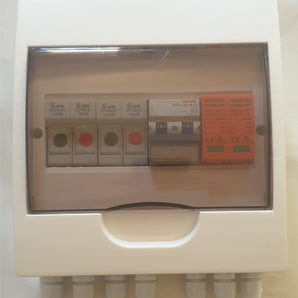 Acconet 250V Protection Box with 2 inputs, 1 output, 50A isolator, and 10A fuses. Protects solar installations from power surges.