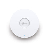 TP-Link EAP610 AX1800 ceiling mount WiFi 6 access point. A white, round device for fast, reliable wireless network coverage.