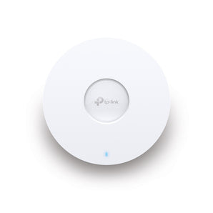 TP-Link EAP610 AX1800 ceiling mount WiFi 6 access point. A white, round device for fast, reliable wireless network coverage.