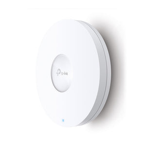 TP-Link EAP610 AX1800 ceiling mount WiFi 6 access point. A white, round device for fast, reliable wireless network coverage.