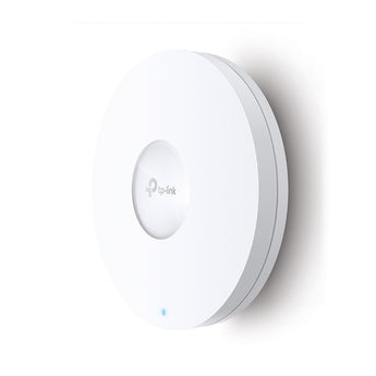 TP-Link EAP610 AX1800 ceiling mount WiFi 6 access point. A white, round device for fast, reliable wireless network coverage.