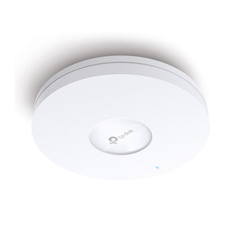 TP-Link EAP610 AX1800 ceiling mount WiFi 6 access point. A white, round device for fast, reliable wireless network coverage.