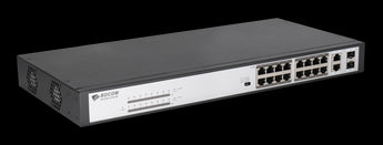 BDCOM-PS1218-16P: 16-Port 10/100 POE switch with 16 POE ports and 2 x 1000Mbps Combo ports for network and power connectivity.