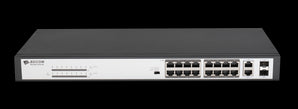 BDCOM-PS1218-16P: 16-Port 10/100 POE switch with 16 POE ports and 2 x 1000Mbps Combo ports for network and power connectivity.